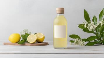 Lemon juice bottle mockup on wooden table photo