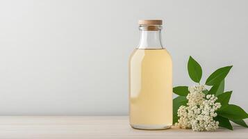 Lilac flower and bottle of linden oil on wooden table photo