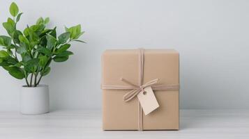 Brown gift box with brown paper and brown string on white table with potted plant photo