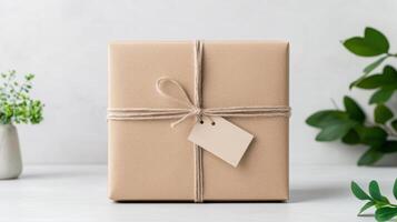 Gift box with brown paper and tag on white background photo