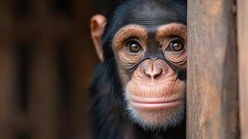 A chimpanzee looking out from behind a wooden wall photo