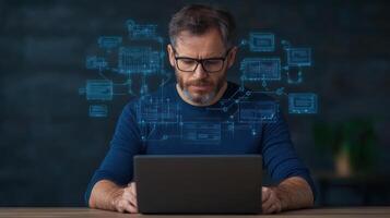 A man with glasses is looking at a laptop screen with icons photo