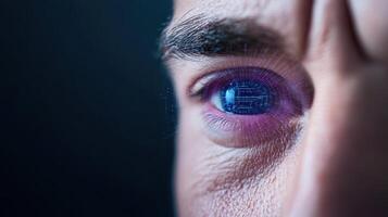 A close up of a man's eye with a blue eye photo