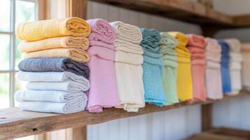 A shelf with several folded towels in different colors photo