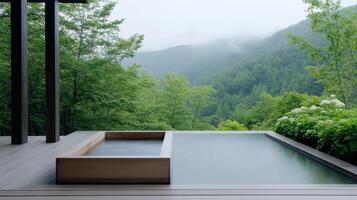 A japanese style hot spring bath in the mountains photo