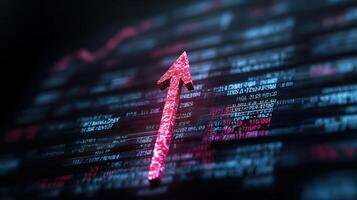 A red arrow pointing up on a screen with a stock market graph photo