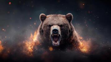 A bear is roaring in the dark with fire photo