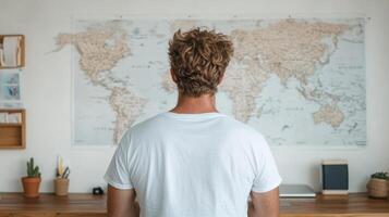 A man standing in front of a world map photo