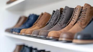 A row of men's shoes on a shelf photo