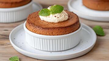Chocolate mousse in a white dish with a green leaf photo