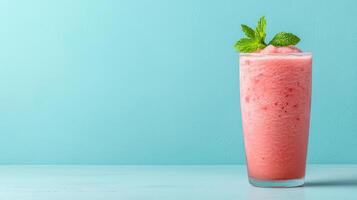 A glass of pink smoothie with mint leaves on a blue background photo