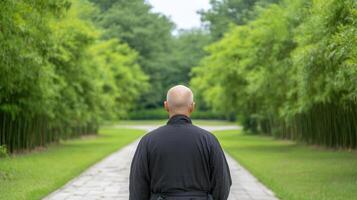 A bald man walking down a path in a park photo