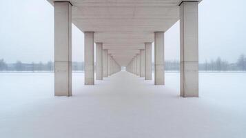 A long walkway under a bridge in the snow photo