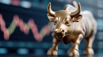 Gold bull statue on the stock market chart photo
