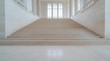 A white marble staircase in a building photo