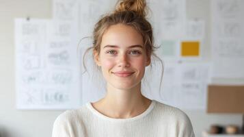 A woman is smiling in front of a white board photo