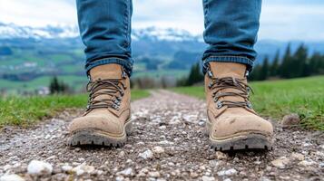 A person wearing hiking boots standing on a dirt road photo