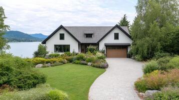 A beautiful home with a driveway leading to a lake photo