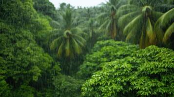 Rainy forest with palm trees and trees in the rain photo