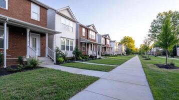 A row of townhouses with grass and trees photo