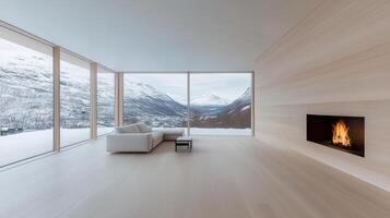 A living room with a fireplace and mountain view photo