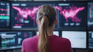 A woman in a pink shirt is looking at multiple screens photo