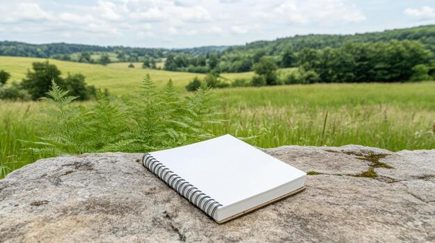 A notebook on a rock in the middle of a field photo