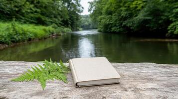 A book and a fern on a wooden table near a river photo