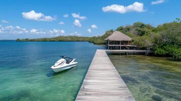 A jet ski is parked on the dock of a tropical island photo