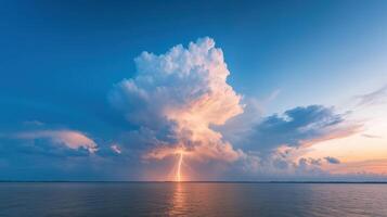Dramatic lightning strikes illuminate sky above tranquil water surface, showcasing storm clouds photo