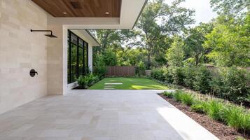 Luxurious outdoor space with modern design, featuring lush greenery and serene atmosphere photo