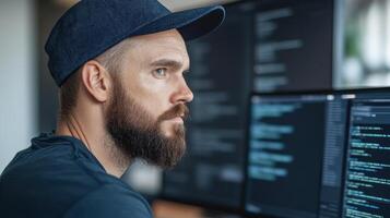 Focused programmer working on multiple screens, showcasing coding and technology skills photo