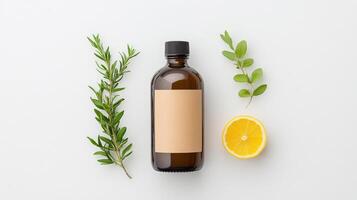 Bottle of essential oil with lemon and rosemary on white background photo