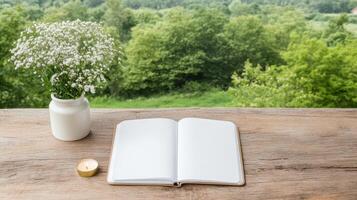 serene wellness journal setup with open notebook, candle, and vase of flowers against lush green photo