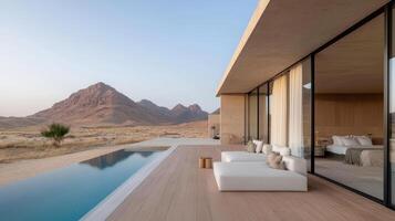Modern desert lodge with wide glass walls, stunning mountain view, and serene atmosphere photo