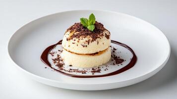 Fluffy dessert with chocolate shavings and mint garnish on white plate photo