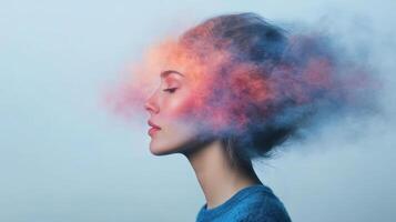 A woman with colorful smoke coming out of her head photo