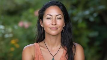 A woman with long dark hair and a tan top photo