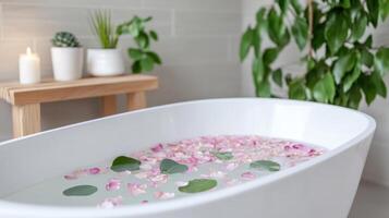 A bathtub with pink rose petals in it photo