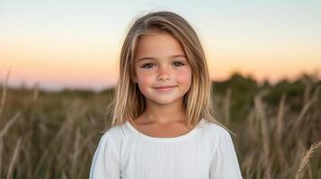 Young girl smiling in field during sunset, with soft light and natural beauty photo