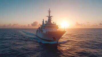 Majestic ship sailing across ocean at sunset, creating serene atmosphere photo