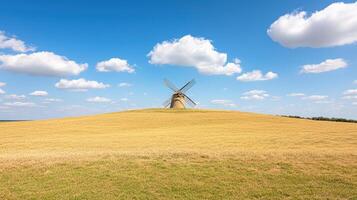 Old windmill on hill overlooking golden fields under bright blue sky with fluffy clouds photo