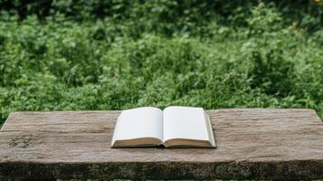 open book resting on wooden bench in lush green garden creates serene atmosphere photo
