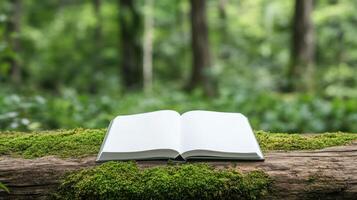 open journal rests mossy log, surrounded by lush greenery, inviting creativity and reflection photo