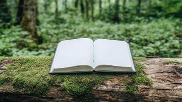 open journal rests on mossy log in serene forest, inviting reflection and creativity photo