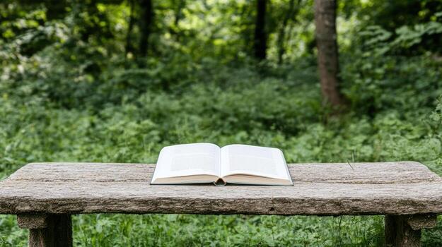 open book resting on rustic bench in lush green garden creates serene atmosphere photo