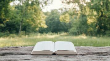 open book rests wooden surface, surrounded by lush greenery and soft sunlight, inviting photo
