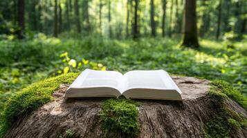 An open book is sitting on a stump in the middle of a green forest photo
