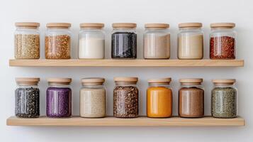A shelf with many different spices and herbs photo