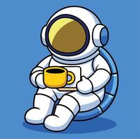 Cartoon Astronaut Relaxing With Coffee Break In Space Cute Illustration vector